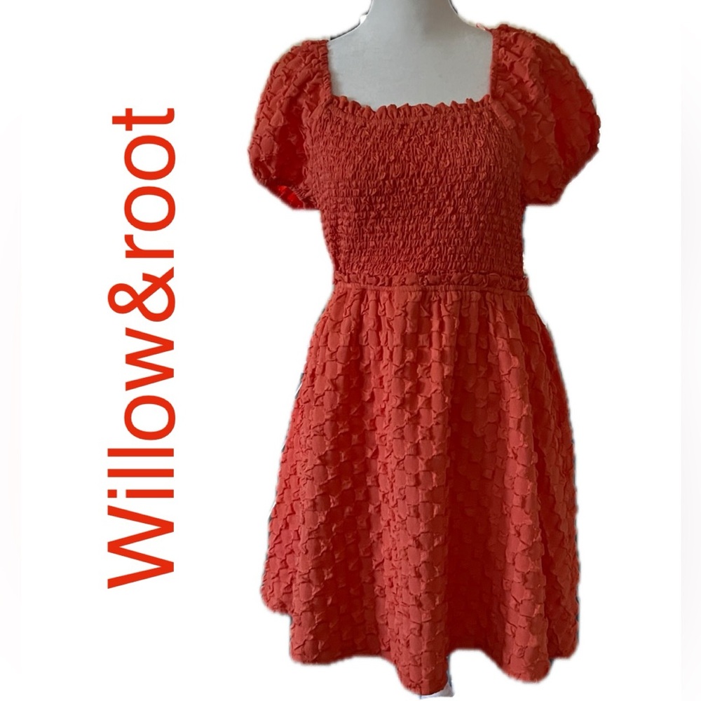 WILLOW & ROOT Smocked Lace-Up Mini Dress Size M. The Buckle. Color Amber Glow.